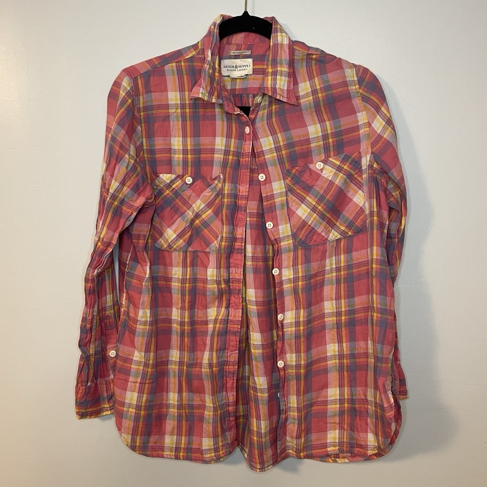 Ralph Lauren Denim & Supply Utility Shirt Womens M Pink Button Plaid Y2K‎
